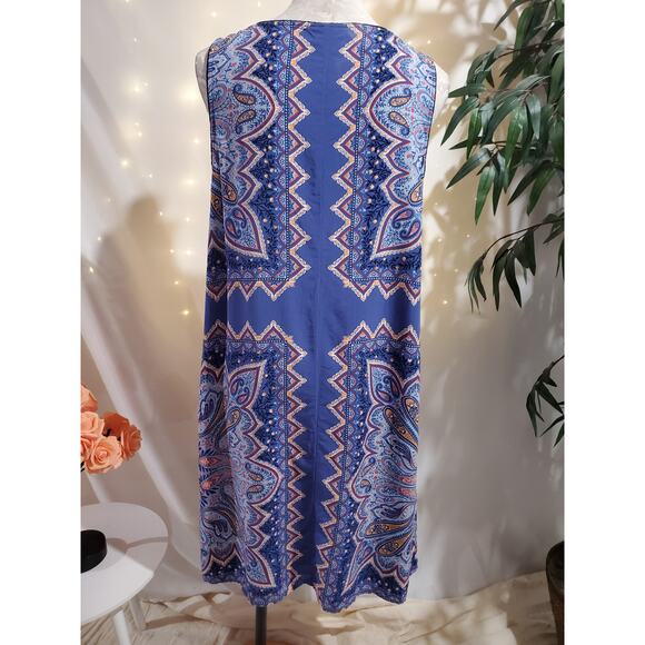 J Jill Paisley Boho Boat Neck Sleeveless Sheath Dress Sz L Majestic Blue Pockets - Picture 6 of 10